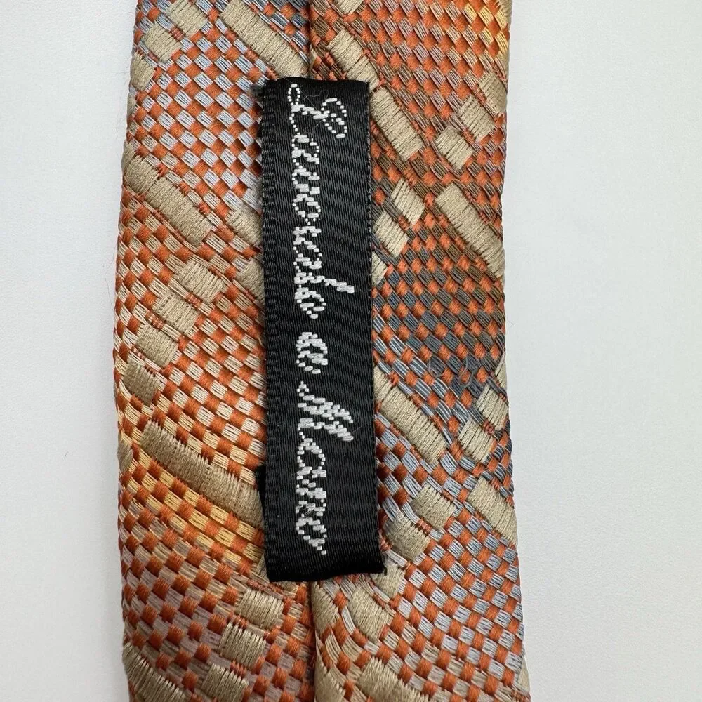 Lucio Lamberti 100% Pura Seta Silk Tie Made in Italy Orange Geometric Plaid 3.75